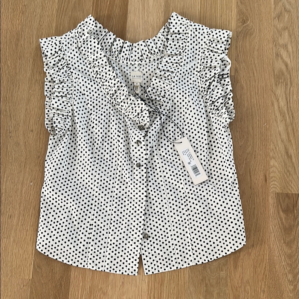 Rebecca Taylor La Vie Cream and Black Polka Dot Blouse Sz M NWT